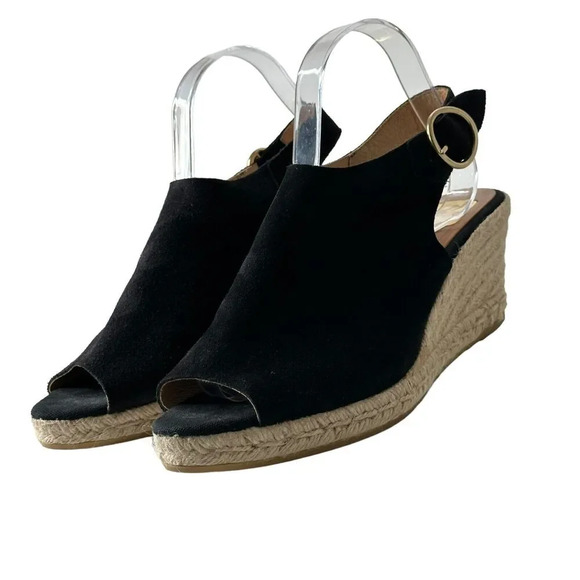 Kanna Espadrille Wedge Sandals Black Suede Peep Toe Slingback Size 9.5 Casual - Picture 3 of 9